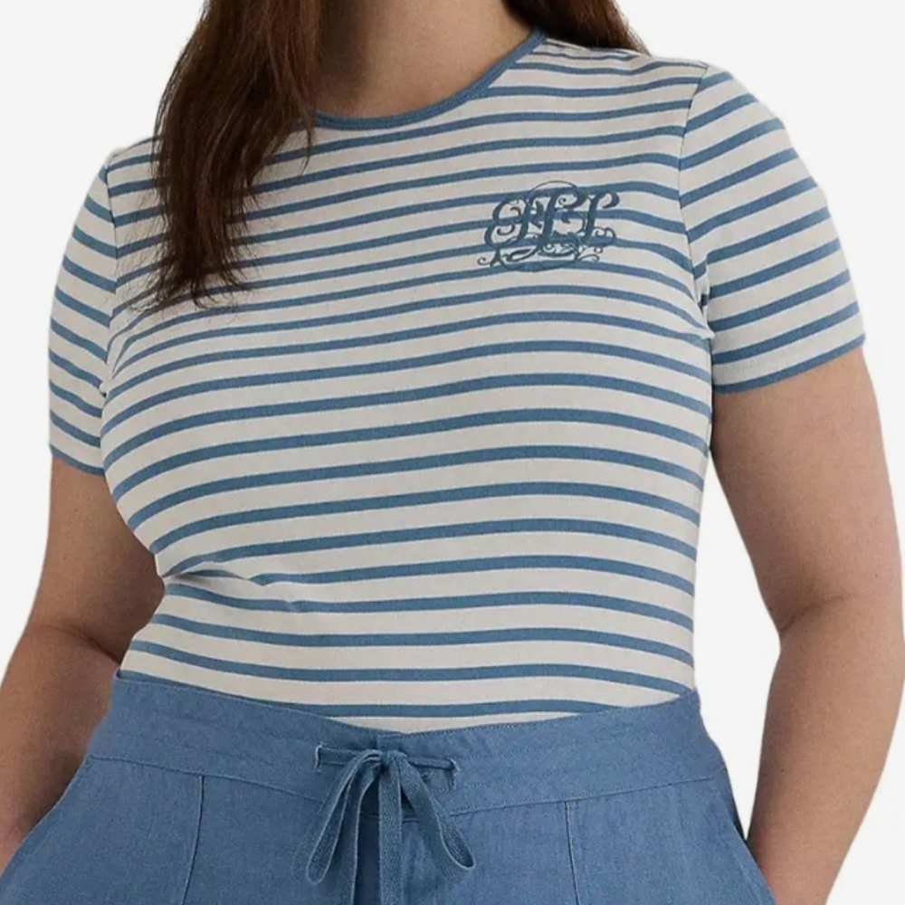 RALPH LAUREN Striped Stretch Cotton Crewneck Tee  Blue Striped  Top Sz 3X